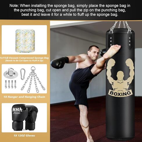 كيس ملاكمة مملوء للبالغين، حقيبة معلقة من جلد البولي يوريثان بطول 4 أقدام مع حشو إسفنجي 11 رطل وقفازات 12 أونصة، حقيبة ركل ثقيلة معدات ملاكمة لتدريب الكاراتيه كيك بوكسينغ في صالة الألعاب الرياضية المنزلية in Kuwait