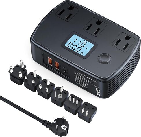 Universal Travel Adapter 220v to 110v Converter with PD30W + 2 QC3.0 + 3 AC Outlets + Voltage and Wattage LCD Display, 250W Travel Power Converter Adapter Combo for EU/UK/AUS/Asia/Italy/India/S.Africa in Saudi Arabia
