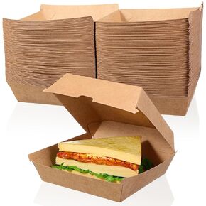 200 Pcs 6 x 6'' Clamshell Take out Food Storage Container Burger Box Kraft Paper Carryout Boxes Grease Proof Disposable Microwavable Bento Box with Lid for Hamburger Sandwiches Chips Dessert