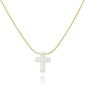 White Opal Cross On Dainty Gold Filled Choker Necklace - Handmade Collar 13.5 inch + 3 inch Extender