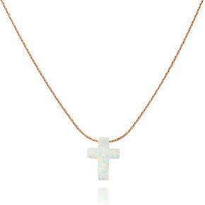 White Opal Cross On Dainty Gold Filled Choker Necklace - Handmade Collar 13.5 inch + 3 inch Extender in Kuwait
