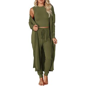 KIRUNDO Women's Fall 3 Piece Outfits Casual Long Sleeve Long Cardigan Sleeveless Crop Top Drawstring Pants Lounge Sets