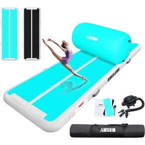 AWSUM 10ft Gymnastics Mat with Air Roller Tumbling Barrel Back Somersault Backbend Trainer for Inflatable Gymnastics Springboard Back Handspring Equipment, with Electric Pump