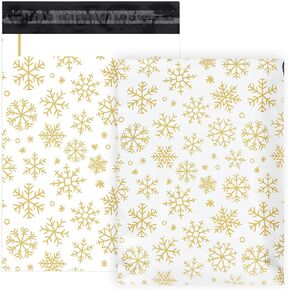 AnyDesign 100Pcs Christmas Poly Mailers 10 x 13 Inch Gold Winter Snowflake Packaging Bags Self Seal Mailing Envelope Bags for Xmas Holiday Small Business Clothing Gift
