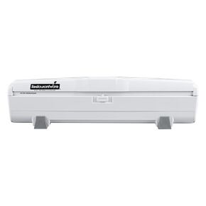 Restaurantware-RW Base Food Wrap Dispenser with Cutter, 1 Refillable Cling Wrap Dispenser - Fits 12" to 18" x 1000’ Rolls, Press Down and Cut, White Plastic Aluminum Foil Dispenser, Sharp Blade