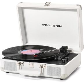 Vinyl Record Player - 3 Speed Turntable Portable Suitcase Record Player with Bluetooth, Treble & Bass Control, Built-in Speakers, Headphone Jack, RCA Out Aux in,White