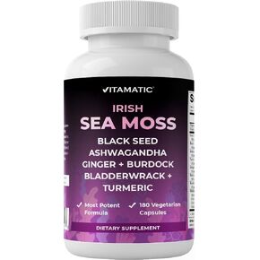 Vitamatic Sea Moss 3000mg Black Seed Oil 2000mg Ashwagandha 1000mg Turmeric 1000mg Bladderwrack 1000mg Burdock 1000mg 180 Veg Capsules