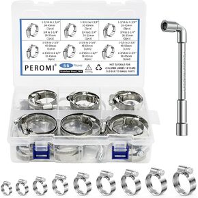 115pcs Heavy Duty Hose Clamps Set with Hexagonal Socket Wrench, 304 Stainless Steel Worm Gear Drive Hose Clamp Metal Fuel Line Pipe Clamp for Plumbing, Automotive And Mechanical Application