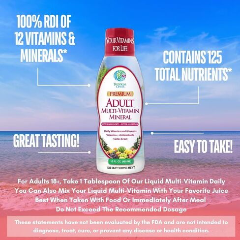 Tropical Oasis Adult Liquid Multivitamin -Liquid Multi-Vitamin and Mineral Supplement with 125 Total Nutrients Including; 85 Vitamins & Minerals, 23 Amino Acids, and 18 Herbs - 16 fl oz, 32 serv in Kuwait