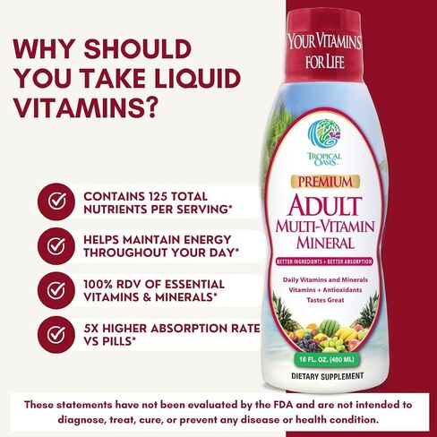 Tropical Oasis Adult Liquid Multivitamin -Liquid Multi-Vitamin and Mineral Supplement with 125 Total Nutrients Including; 85 Vitamins & Minerals, 23 Amino Acids, and 18 Herbs - 16 fl oz, 32 serv in Kuwait