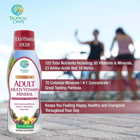 Tropical Oasis Adult Liquid Multivitamin -Liquid Multi-Vitamin and Mineral Supplement with 125 Total Nutrients Including; 85 Vitamins & Minerals, 23 Amino Acids, and 18 Herbs - 16 fl oz, 32 serv in Kuwait