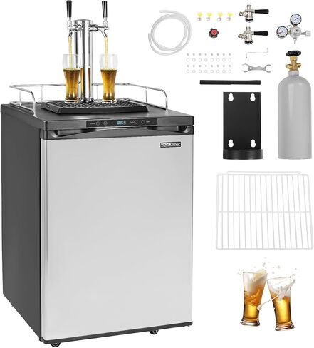 VEVOR Beer Kegerator, Dual Tap Draft Beer Dispenser, Full Size Keg Refrigerator With Shelf, CO2 Tank(No Gas), Drip Tray & Rail, 23°F- 82.4°F Temperature Control, 162L, Silver in Saudi Arabia