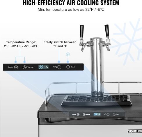 VEVOR Beer Kegerator, Dual Tap Draft Beer Dispenser, Full Size Keg Refrigerator With Shelf, CO2 Tank(No Gas), Drip Tray & Rail, 23°F- 82.4°F Temperature Control, 162L, Silver in Saudi Arabia