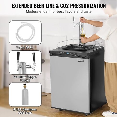VEVOR Beer Kegerator, Dual Tap Draft Beer Dispenser, Full Size Keg Refrigerator With Shelf, CO2 Tank(No Gas), Drip Tray & Rail, 23°F- 82.4°F Temperature Control, 162L, Silver in Saudi Arabia