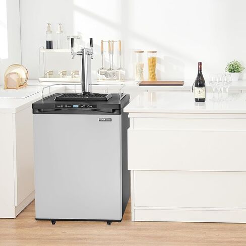 VEVOR Beer Kegerator, Dual Tap Draft Beer Dispenser, Full Size Keg Refrigerator With Shelf, CO2 Tank(No Gas), Drip Tray & Rail, 23°F- 82.4°F Temperature Control, 162L, Silver in Saudi Arabia