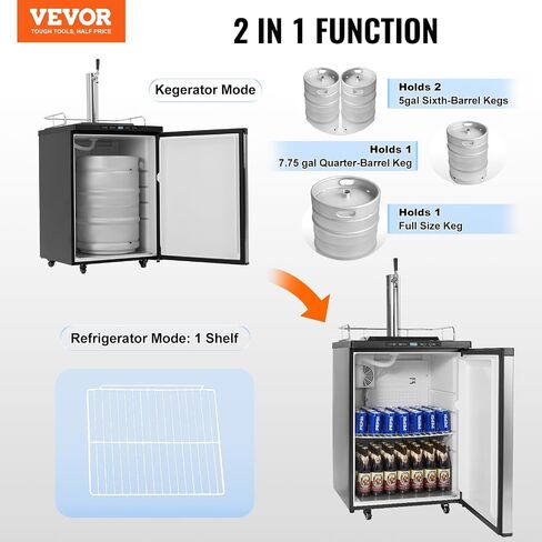 VEVOR Beer Kegerator، موزع بيرة بصنبور مزدوج، ثلاجة برميل كاملة الحجم مع رف، خزان ثاني أكسيد الكربون (بدون غاز)، صينية التنقيط والسكك الحديدية، 23 درجة فهرنهايت - 82.4 درجة فهرنهايت للتحكم في درجة الحرارة، 162 لتر، فضي in Saudi Arabia