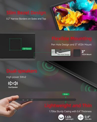 شاشة Intehill 4K المحمولة لأجهزة الكمبيوتر المحمول MacBook وMini PC شاشة كمبيوتر محمولة عالية الجودة مقاس 16 بوصة بدقة 3840x2400 ونسبة ذهبية U16NA in Kuwait