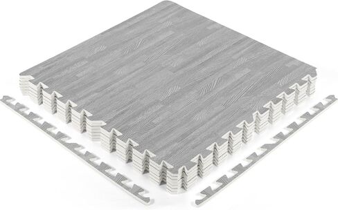 Wood Grain Floor Foam Mats with Border, Wood Printed Interlocking Foam Tiles Anti Fatigue Flooring Mat(24 x 24 Inch, Gray) in Saudi Arabia