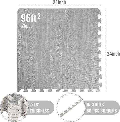 Wood Grain Floor Foam Mats with Border, Wood Printed Interlocking Foam Tiles Anti Fatigue Flooring Mat(24 x 24 Inch, Gray) in Saudi Arabia