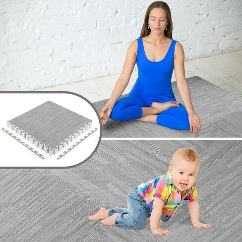 Wood Grain Floor Foam Mats with Border, Wood Printed Interlocking Foam Tiles Anti Fatigue Flooring Mat(24 x 24 Inch, Gray) in Saudi Arabia