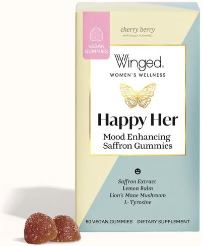 WINGED Happy Her Mood Gummies | Happy Mind & Positive Feelings | Clinically-studied Saffron Extract, Lion’s Mane, Lemon Balm, Vitamin D, L-Tyrosine & Chaste Tree Extracts | Cherry Berry Flavor (42ct) in Saudi Arabia