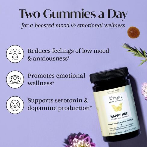 WINGED Happy Her Mood Gummies | Happy Mind & Positive Feelings | Clinically-studied Saffron Extract, Lion’s Mane, Lemon Balm, Vitamin D, L-Tyrosine & Chaste Tree Extracts | Cherry Berry Flavor (42ct) in Saudi Arabia