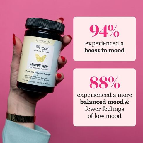 WINGED Happy Her Mood Gummies | Happy Mind & Positive Feelings | Clinically-studied Saffron Extract, Lion’s Mane, Lemon Balm, Vitamin D, L-Tyrosine & Chaste Tree Extracts | Cherry Berry Flavor (42ct) in Saudi Arabia