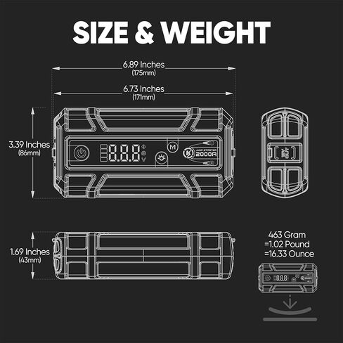 J400 2000A 12V بطارية ليثيوم محمولة، حزمة معززة لبطارية السيارة، شاحن باور بانك USB-C، وكابلات توصيل لما يصل إلى 8.0 لتر من الغاز ومحركات الديزل 6.0 لتر، شاشة رقمية ذكية in Kuwait