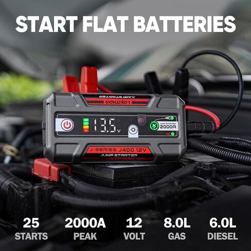 J400 2000A 12V بطارية ليثيوم محمولة، حزمة معززة لبطارية السيارة، شاحن باور بانك USB-C، وكابلات توصيل لما يصل إلى 8.0 لتر من الغاز ومحركات الديزل 6.0 لتر، شاشة رقمية ذكية in Kuwait