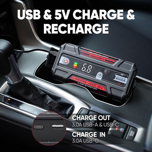 J400 2000A 12V بطارية ليثيوم محمولة، حزمة معززة لبطارية السيارة، شاحن باور بانك USB-C، وكابلات توصيل لما يصل إلى 8.0 لتر من الغاز ومحركات الديزل 6.0 لتر، شاشة رقمية ذكية in Kuwait