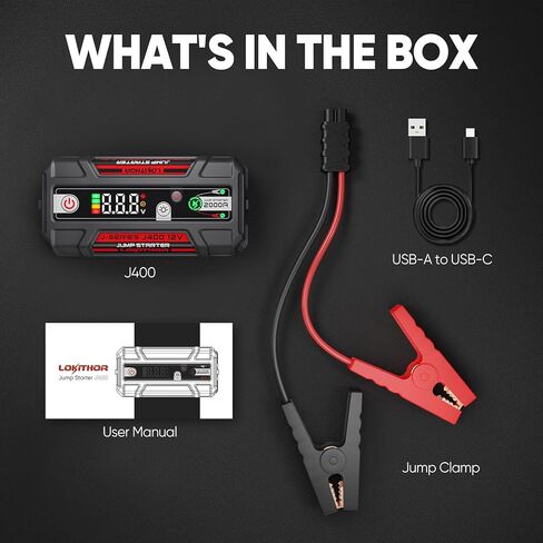 J400 2000A 12V بطارية ليثيوم محمولة، حزمة معززة لبطارية السيارة، شاحن باور بانك USB-C، وكابلات توصيل لما يصل إلى 8.0 لتر من الغاز ومحركات الديزل 6.0 لتر، شاشة رقمية ذكية in Kuwait