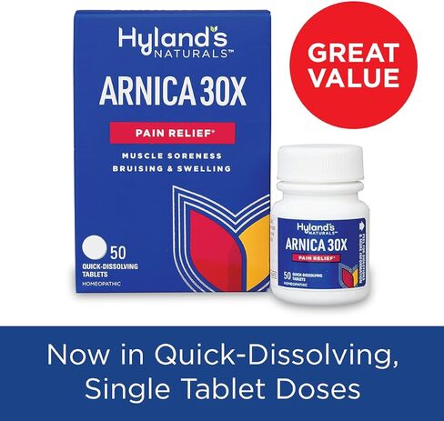 أقراص Hyland's Naturals Arnica Montana 30x، تخفيف طبيعي للكدمات والتورم وألم العضلات، أقراص سريعة الذوبان، 50 قرصًا (عبوة من قطعتين) in Kuwait