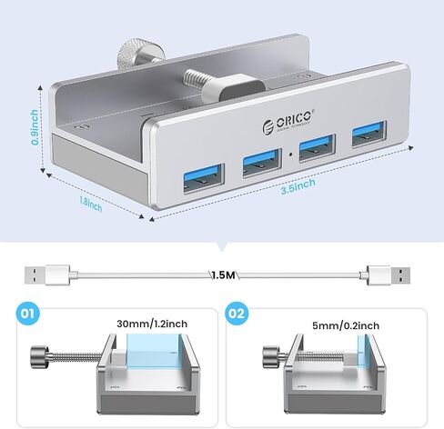 ORICO USB 3.0 Hub، مشبك محور USB، مقسم USB من الألومنيوم بـ 4 منافذ مع منفذ إمداد طاقة إضافي وكابل بيانات USB بطول 4.92 قدم، محور USB يعمل على سطح المكتب للشاشات/المكاتب - أسود (بدون محول طاقة) in Kuwait