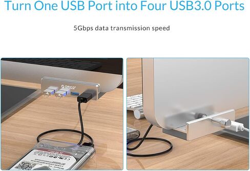 ORICO USB 3.0 Hub، مشبك محور USB، مقسم USB من الألومنيوم بـ 4 منافذ مع منفذ إمداد طاقة إضافي وكابل بيانات USB بطول 4.92 قدم، محور USB يعمل على سطح المكتب للشاشات/المكاتب - أسود (بدون محول طاقة) in Kuwait