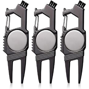 Poen 3 Pcs 7 in 1 Multipurpose Golf Divot Tool Golf Divot Repair Tool Lightweight Compact Golf Tool with Magnetic Golf Ball Marker, Bottle Opener, Club Brush, Groove Cleaner for Golf Lovers (Black)