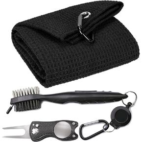 VIVIDLY Microfiber Waffle Pattern Tri-fold Golf Towel (16" x 24")| Golf Club Brush| Golf Divot Tool| Black Golf Towel Set| Suitable for Golf Lovers| Golf Accessories for Men