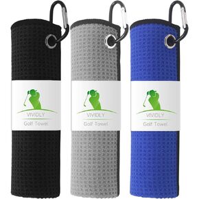 3 Pack Golf Towels, Microfiber Waffle Pattern Golf Towel-Contains Golf Towels in Three Colors of Black, Blue and Gray, Suitable for Men's Golf Gifts