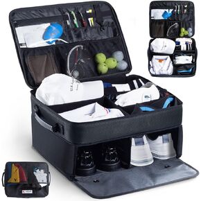 Upgraded Golf Trunk Organizer Storage with Separate Compartment for 2 Pair Shoes Up to US Mens 16, Golf Car Locker Organizer for Golf Balls, Golf Gloves, Golf Accesories for Men, Golf Gifts