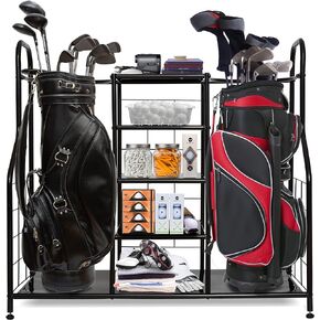 Morvat Golf Organizer Extra Large Double Metal Black Stand Perfect Way to Store & Organize Your Golfing Bags, Clubs, Balls, Gadgets, Accessories & Equipment in Shed, Basement, and Garage