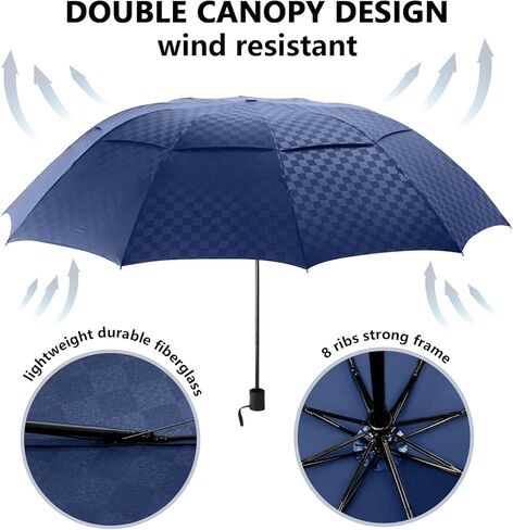 مظلة غولف كبيرة من ساتول مقاس 62 بوصة، مظلة أوتوماتيكية مزدوجة مقاومة للرياح بفتحات تهوية 8 أضلاع، مظلة قابلة للطي متينة، عامل حماية من الأشعة فوق البنفسجية 50+، مظلات محمولة مقاومة للرياح والشمس والمطر للسفر (مربعات) in Kuwait