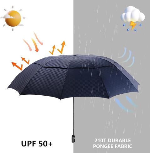 مظلة غولف كبيرة من ساتول مقاس 62 بوصة، مظلة أوتوماتيكية مزدوجة مقاومة للرياح بفتحات تهوية 8 أضلاع، مظلة قابلة للطي متينة، عامل حماية من الأشعة فوق البنفسجية 50+، مظلات محمولة مقاومة للرياح والشمس والمطر للسفر (مربعات) in Kuwait
