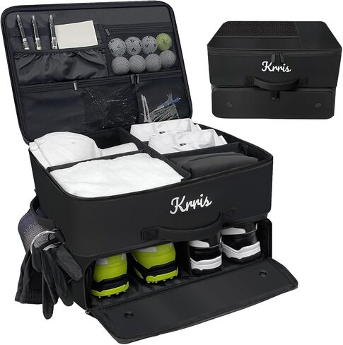 منظم صندوق الجولف، منظم جولف السيارة بطبقتين مع حجرة تهوية لزوجين من الأحذية، تخزين متين لصندوق الجولف للكرات والقمصان والملابس والقفازات والإكسسوارات وهدايا الجولف للرجال in Kuwait