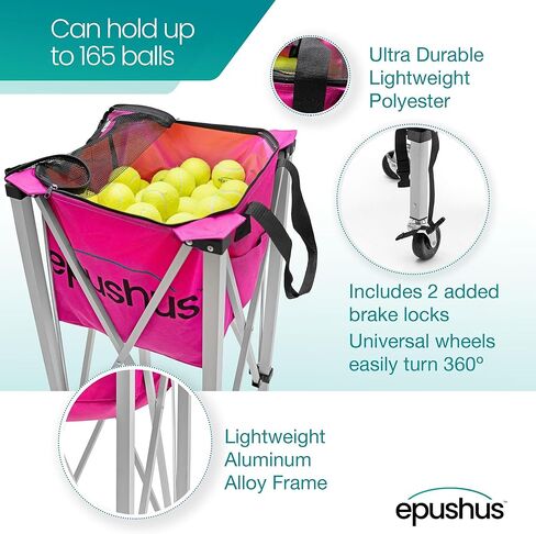 Pro Tennis Ball Hopper Holds 165 Tennis Balls - Heavy-Duty Ball Basket - Portable, Compact and Lightweight Tennis Ball Carrier with Wheels - 3 Balls and Premium Carry Bag Included in Saudi Arabia
