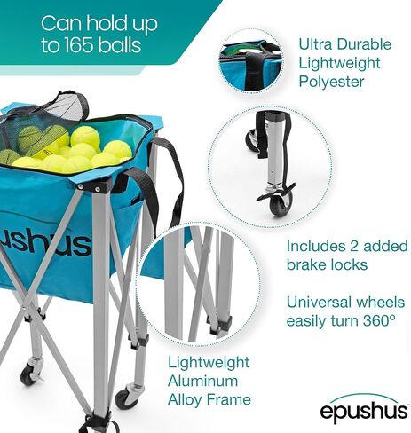 Pro Tennis Ball Hopper Holds 165 Tennis Balls - Heavy-Duty Ball Basket - Portable, Compact and Lightweight Tennis Ball Carrier with Wheels - 3 Balls and Premium Carry Bag Included in Saudi Arabia
