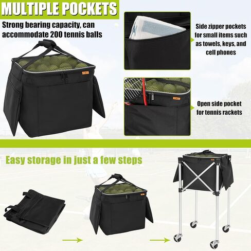 عربة سلة كرات التنس القابلة للطي تحمل 180 عربة تعليمية بعجلات، عربة من سبائك الألومنيوم الخفيفة لكرات التنس، تصميم مدمج محمول، أسود in Kuwait