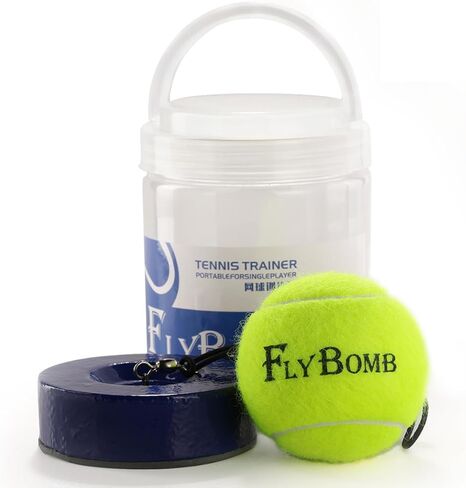 كرة ارتداد مدرب التنس Flybomb - سلسلة قابلة للسحب بطول 14.1 قدمًا وقاعدة حديدية ثقيلة - محمولة وسهلة الاستخدام - ممارسة التنس للبالغين والأطفال - مدرب خدمة التنس - معدات تدريب التنس الفردي in Kuwait