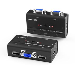 VGA KVM Switch 2 Port, USB KVM Switches 2 in 1 Out Selector for 2 PCs Share 1 Monitor and 3 USB Devices Keyboard Mouse Printer Scanner Speaker