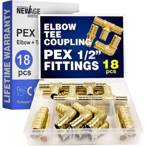 New Age America® 36pcs 1/2" PEX Fittings AquaFlow 360™ | 12 Elbow + 12 Tee + 12 Coupling | 1/2 Inch Brass | Barb PEX Fittings for PEX Pipe | Lead-Free Brass | NSF, UPC, CUPC, ASTM F1807 Certified
