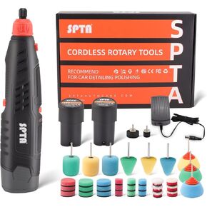 Cordless Rotary Tool, SPTA Cordless Mini Car Polisher, 36Pcs 12V Li-ion Battery IVT 5,000-25,000 RPM Small Buffer Polisher Polishing Foam Pad Set for Polishing Sanding