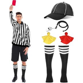 6 Pcs Official Referee Costume Set Long Sleeve Black and White Stripe Referee Zipper Collar Shirt Official Referee Hat Stainless Whistle with Lanyard Yellow Red Penalty Flag Striped Socks